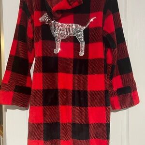 Pink Red and Black Plaid Hooded Robe with Silver Dog Logo
